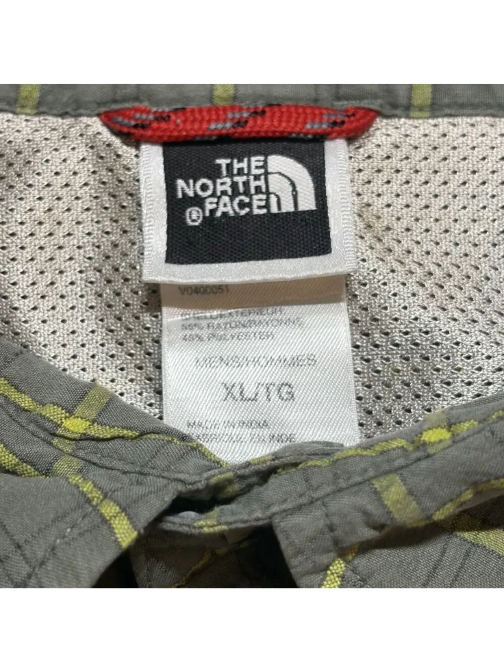 The North Face Mens XL Plaid Button Up Shirt Short Sleeve Khaki Yellow Checkered
